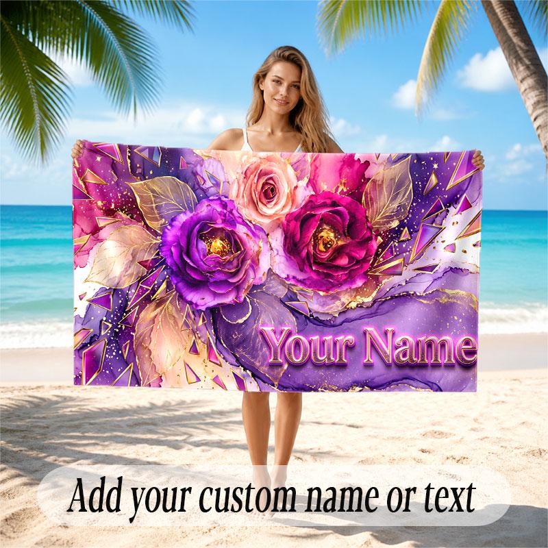 Floral Garden Theme Soft Beach Towel Personalized Custom Name Text Towel Portable for Beach Pool Travel