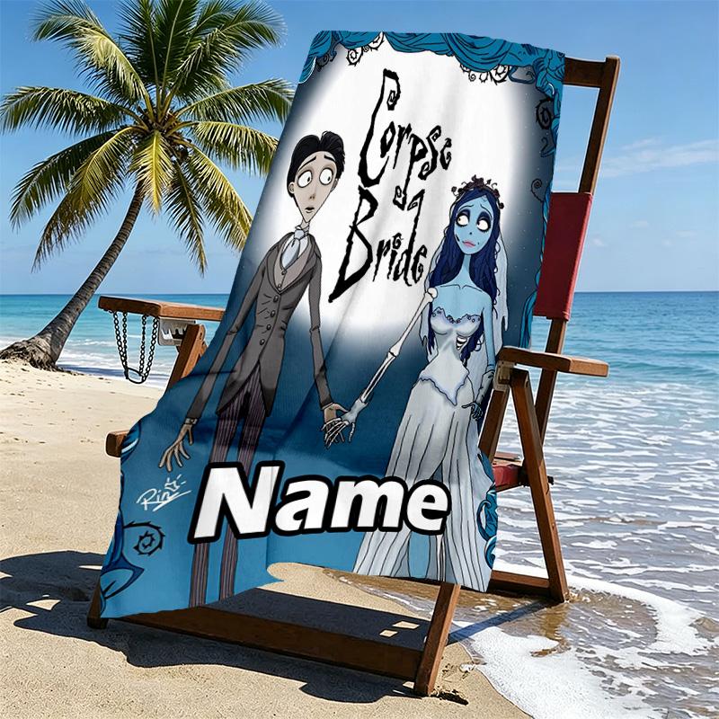 Custom Name Personalized Corpse Bride Print Beach Towel, for Trip Camping Beach Party Home Decor, Birthday Gift for Family & Friends