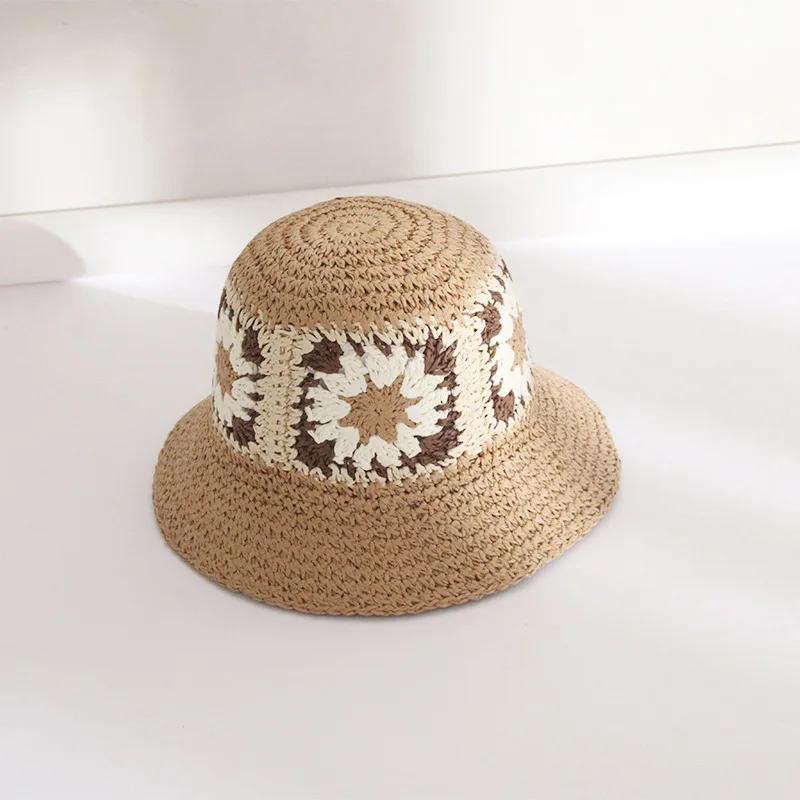 Japan Korea Crochet Beach Straw Hat Women Summer Flowers Grid Pure Hand-woven Hat Sunshade Fisherman Breathable Bucket Gorras