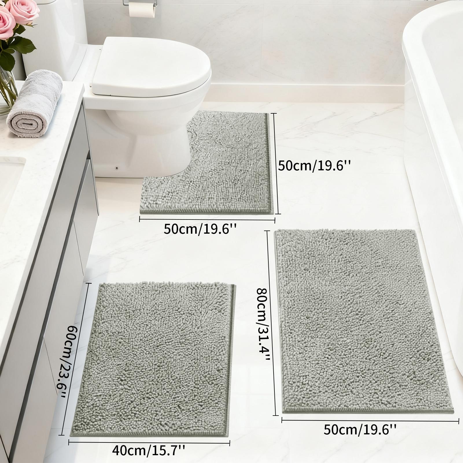 

3 Pieces Soft and Absorbent Chenille Bath Rug Set Machine Washable Non-Slip Quick Dry Shower Carpet for Home Bathroom Mat 1.5CM Short Plush светло-серый