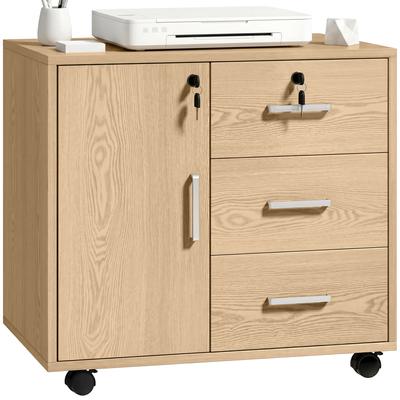 Caisson Desk Storage Furniture Lockable With 3 Drawers And Adjustable Shelf Wheels 40 X 60 X 56 Cm Light Brown