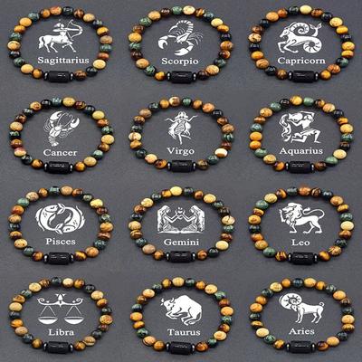 12 Zodiac Signs Natural Stone Bracelets Leo Capricorn Taurus Cancer Bracelets Girl Men Couple Friendship Jewelry Gift Bracelets Black Color
