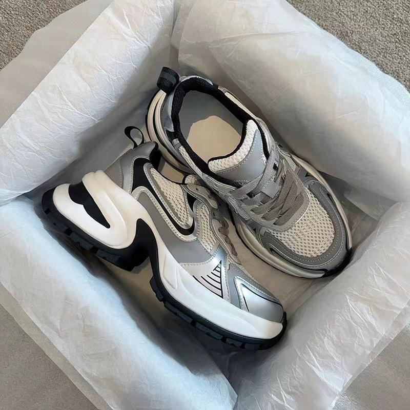 Fashion Dad Shoes Women's Platform Heightening Casual Shoes Leather Silver Mesh High Heels Sneakers Women