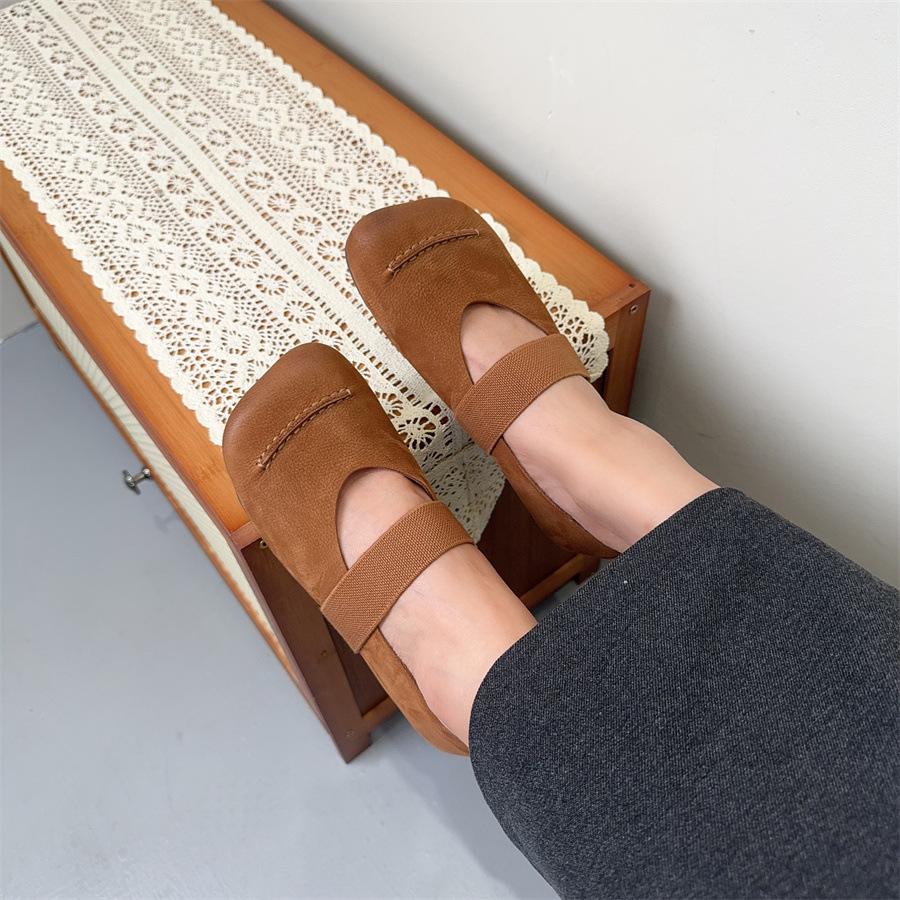 Johnature Flache Schuhe aus Rindsleder mit quadratischer Zehenpartie, Halbschuhe, echtes Leder, weiche Sohle, vielseitige Damenschuhe