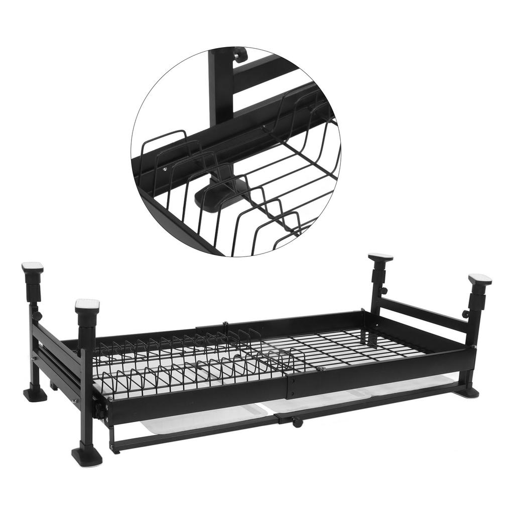 2 Tier Large Dish Rack Pull Out Double Layer Dish Drying Rack with Drain Tray for Kitchen Black