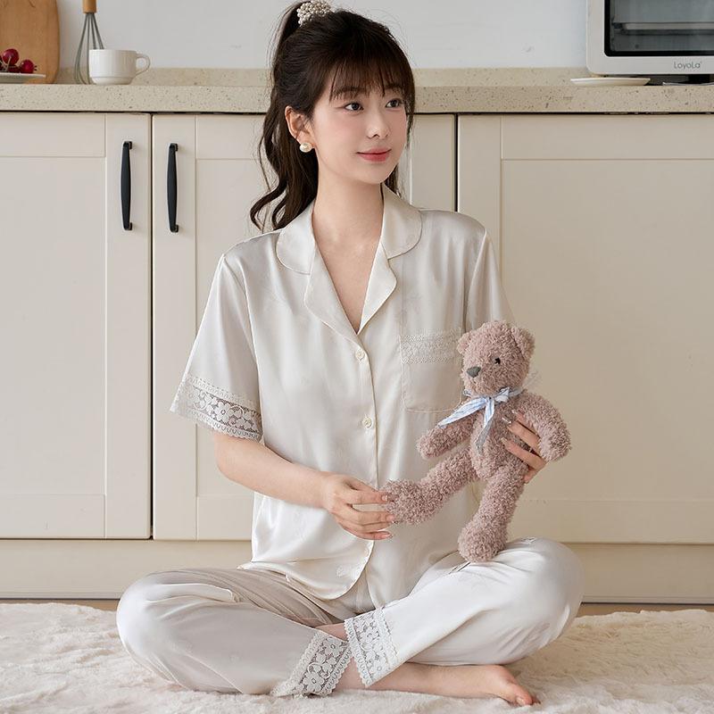 Summer Women's Ice Silk Pajamas, Short-sleeved Trousers Set, Lace Splicing Simulation Silk, Comfortable and Fashionable Loungewear