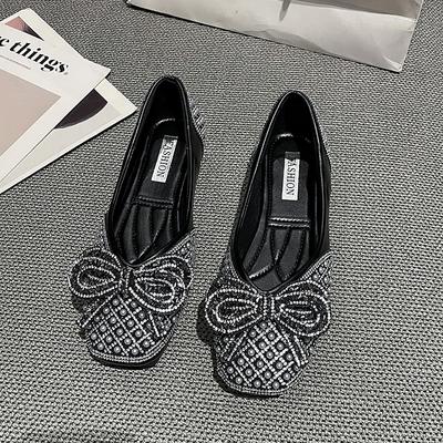 Fashion Women's Flat Shoes Autumn New Square Head Shallow Mouth Rhinestone Butterfly Knot Anti-slip Wear-resistant Low-top Shoes