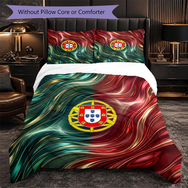 Portugal Football Pattern 3 Pieces Bedding Set Soft Microfiber Duvet Cover with Pillow Cases for Bedroom