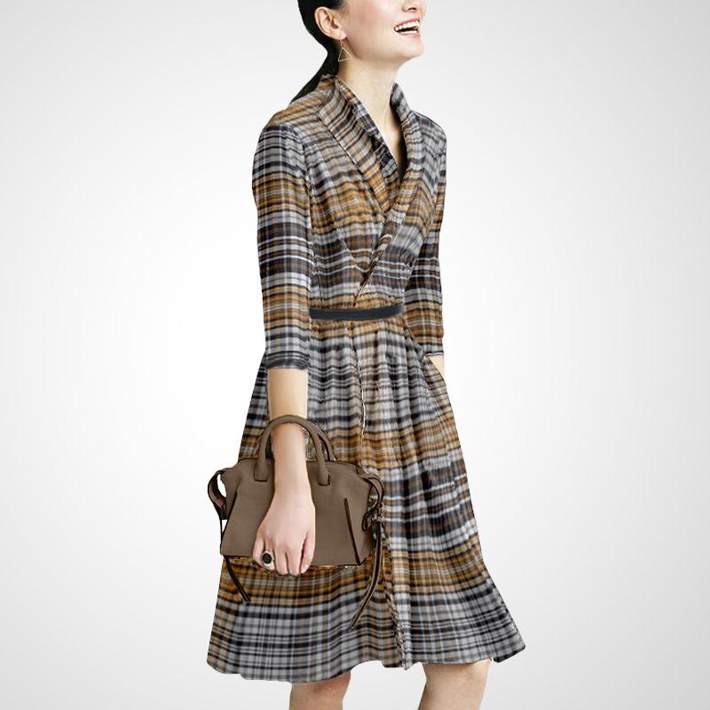 

New Fashion Dress Slim Looking A- line Suit Collar Brown (7-point sleeve) 2XL