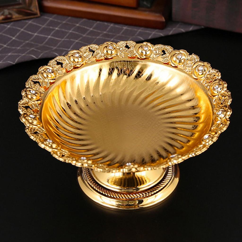 Footed Decorative Fruit Tray Vintage High Gloss Floral Carving Trim Metal Footed Fruit Plate for Snacks Nuts Gold