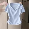 Women's Slim Korean Style Pleated Waist V-Neck Short Sleeve Polo Shirt