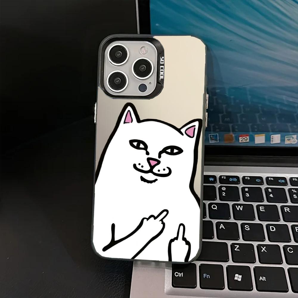 One-Finger Salute White Cat Pattern Phone Case For iPhone 17 16 15 13 12 11 ProMax Pro Plus Full Protection Funda Phone Case