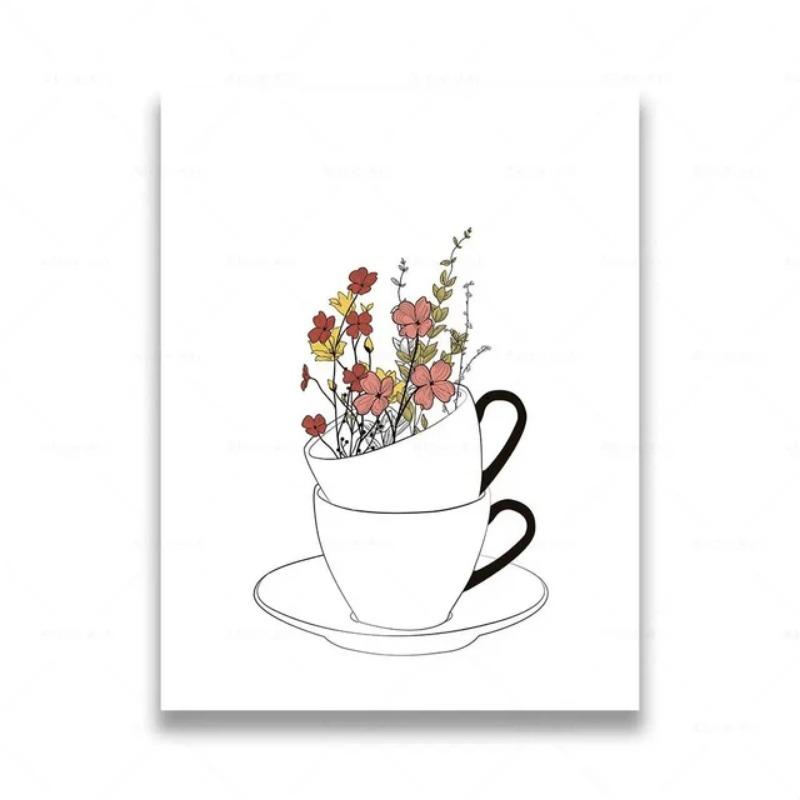Nordic Coffee Shop Canvas Painting  Minimalist Line Art of Coffee Mugs  Flowers  Kitchen Wall Decor Posters  Prints  Modern Home