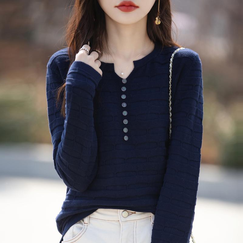 Autumn Winter Women Cotton Sweater V-neck Half Open Buckle Pullover Square Pit Sweater Slim Knitted Warm Bottoming Tops