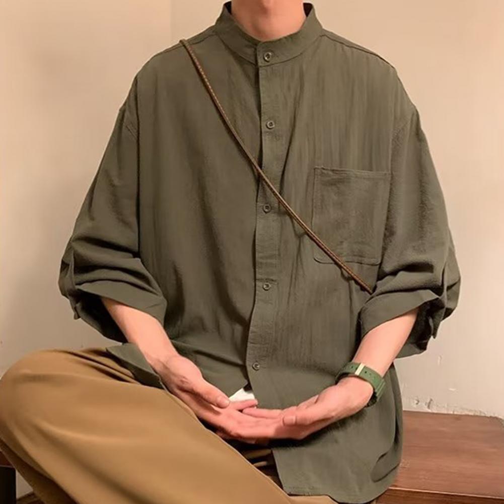 Men Simple Stand Collar 3/4 Sleeve Casual Shirt Solid Color Loose Fit Single-breasted Patch Pocket Shirt Tops Workwear