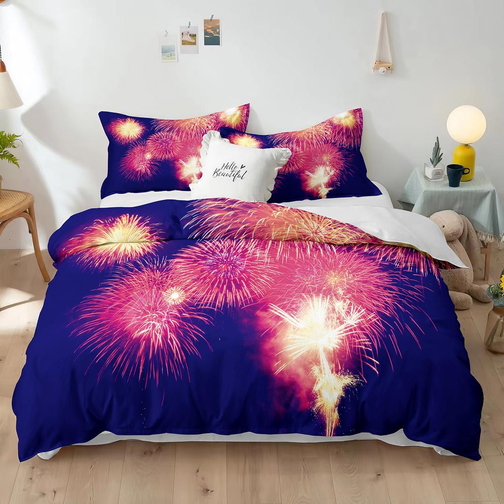 Blue Fireworks Duvet Cover Set 3D Romantic Theme Beautiful City Night New Year Festival Accessories for Kids Teens Bedroom Decor