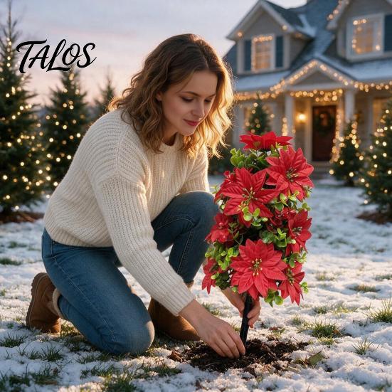 Outdoor Christmas Decorations 22" Artificial Poinsettia Flowers with Ground Spikes, Red Floral Stakes, Waterproof Winter Porch Decor PVC Simulation