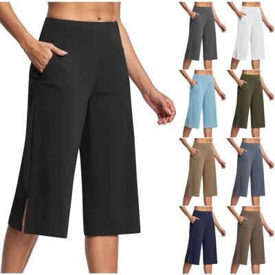 Calças Femininas da Moda de Cor Sólida com Botão e Bolso, Bainhas Laterais Abertas, Cintura Alta, Esportivas, Yoga, Casuais, Calças Capri