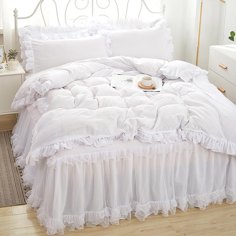 Princess Girl Pink Bedding Skirt Sheet With Lace Korean Solid Color Bed Cover Pillowcase Decor Bedroom Wedding Couple Bedclothes