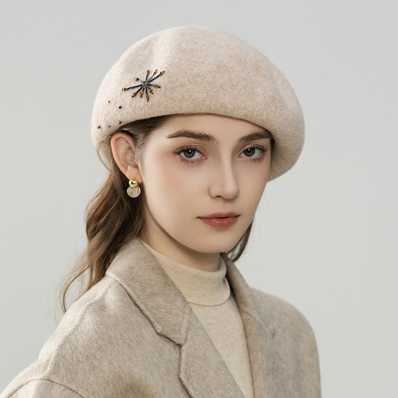 Hat Women's Hat Felt Hat Pure Wool Soft Beret Women's Autumn and Winter Fashion Show Face Small Black Bud Hat
