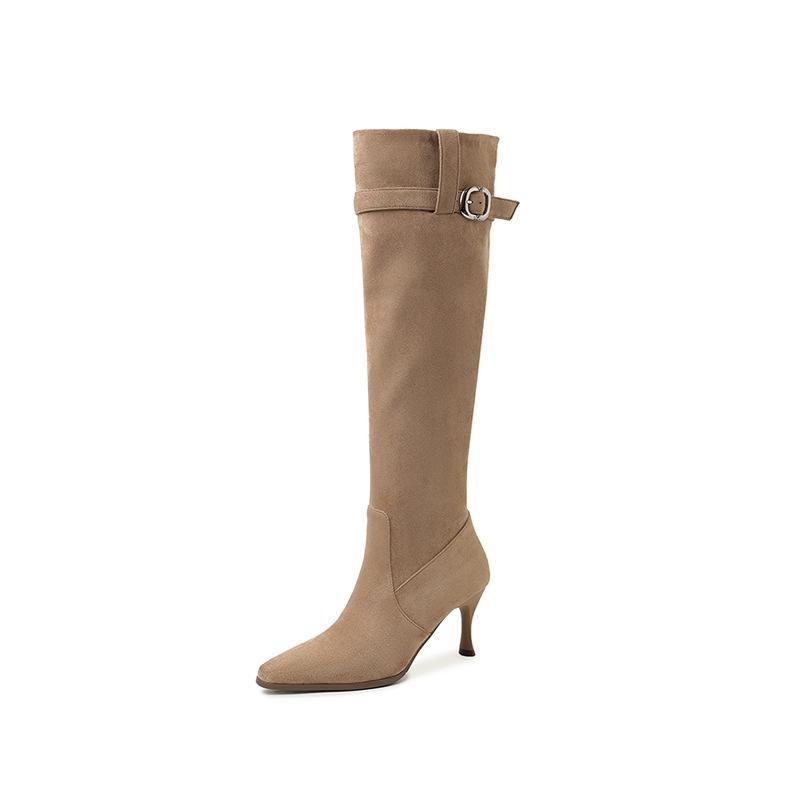 

European and American pointed-toed pleated piled boots women s thin high-heeled boots temperament thin high boots women 40 хакі