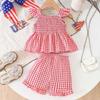 Hot Selling Patriotic Infant Girls Clothing Set Star Bow Fly Sleeve Top Plaid Shorts 2 Piece Outfit With Heart Embroidery For 0 3 Years Old Daily Wear