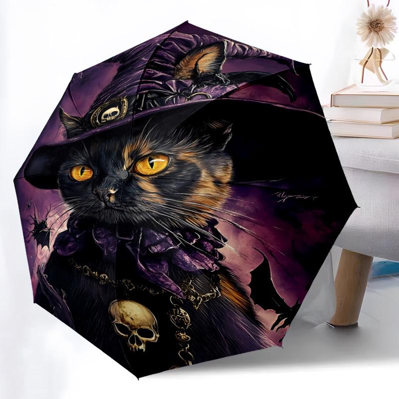 1pc Witch Cat Automatic Folding Umbrella, Lightweight Retractable Compact Travel Umbrella, 8-Rib Sturdy Frame, Fine Outdoor Umbrella050
