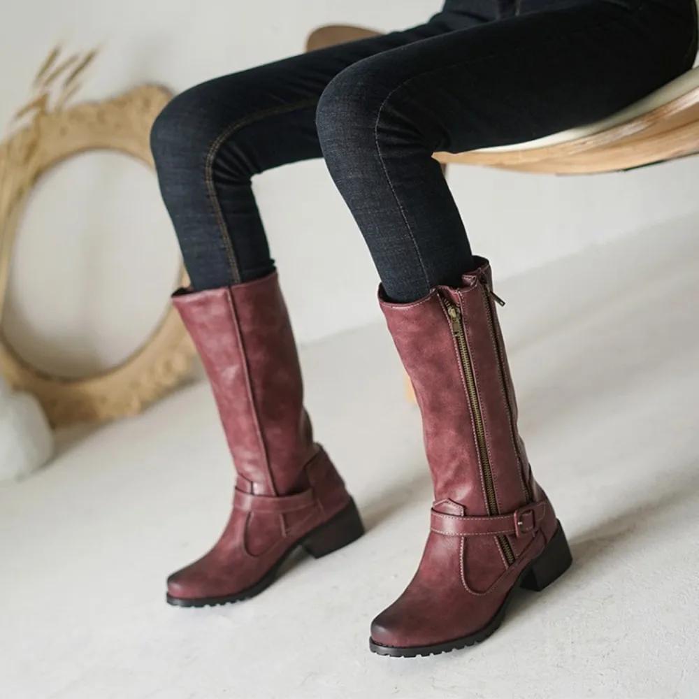 Gothic Round Toe Cool Winter Olive Army Green Womans Shoes Combat Boots Zipper Mid-calf Women Riding Equestrian Boots