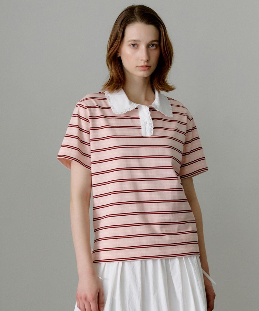 Ollibeudeollibeu Collar Lace Striped Short Sleeve T-Shirt Oe6Me5680