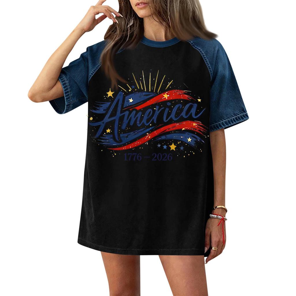 Women's Casual Short Sleeve T-Shirt Denim Patchwork Top 250th Independence Day Graphic Print Comfortable Fit Relaxed Style
