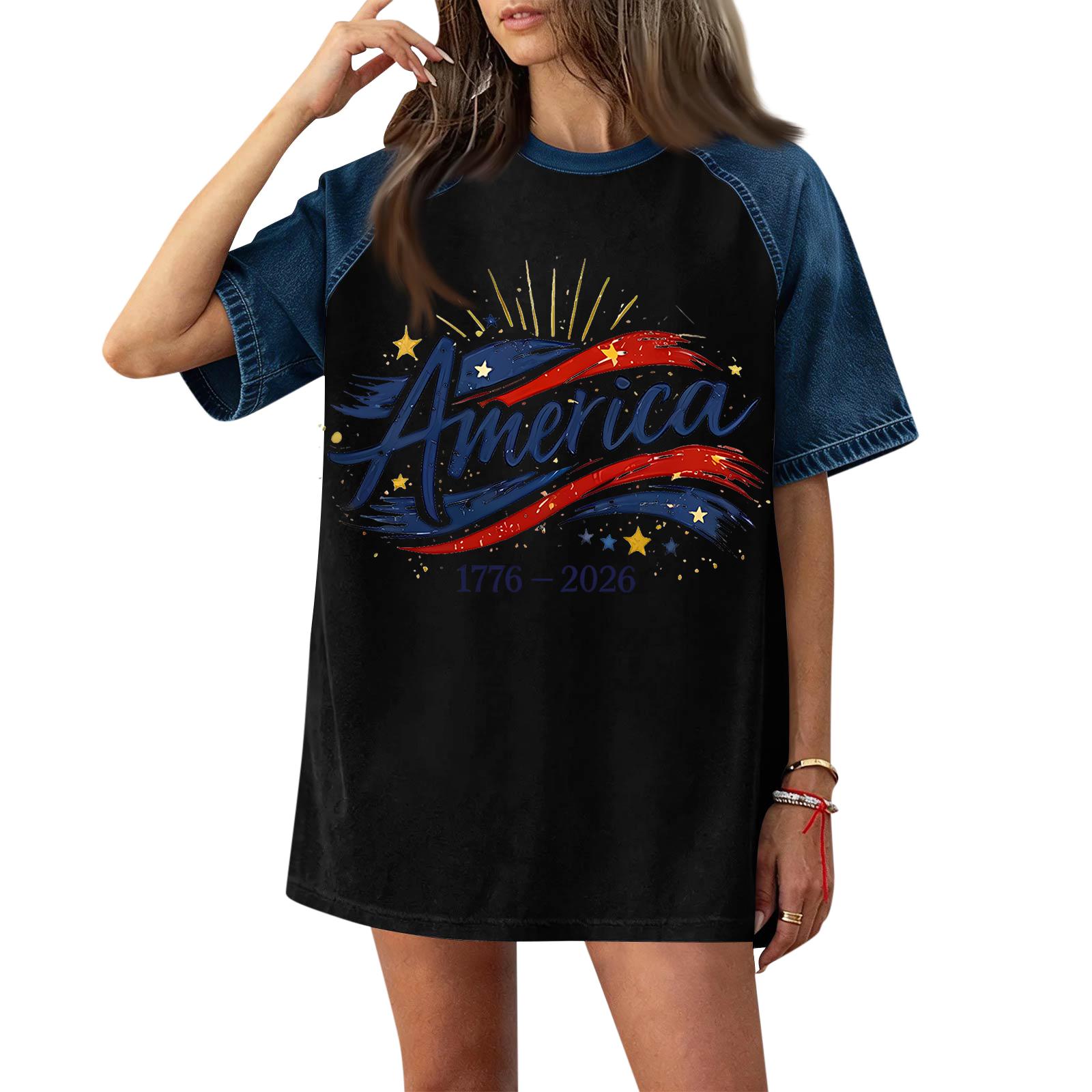 

Denim Patchwork Shirts For Women Stand Collar Casual Blouse Short Sleeve Comfy Tshirt Spring Summer Fashion L чёрный