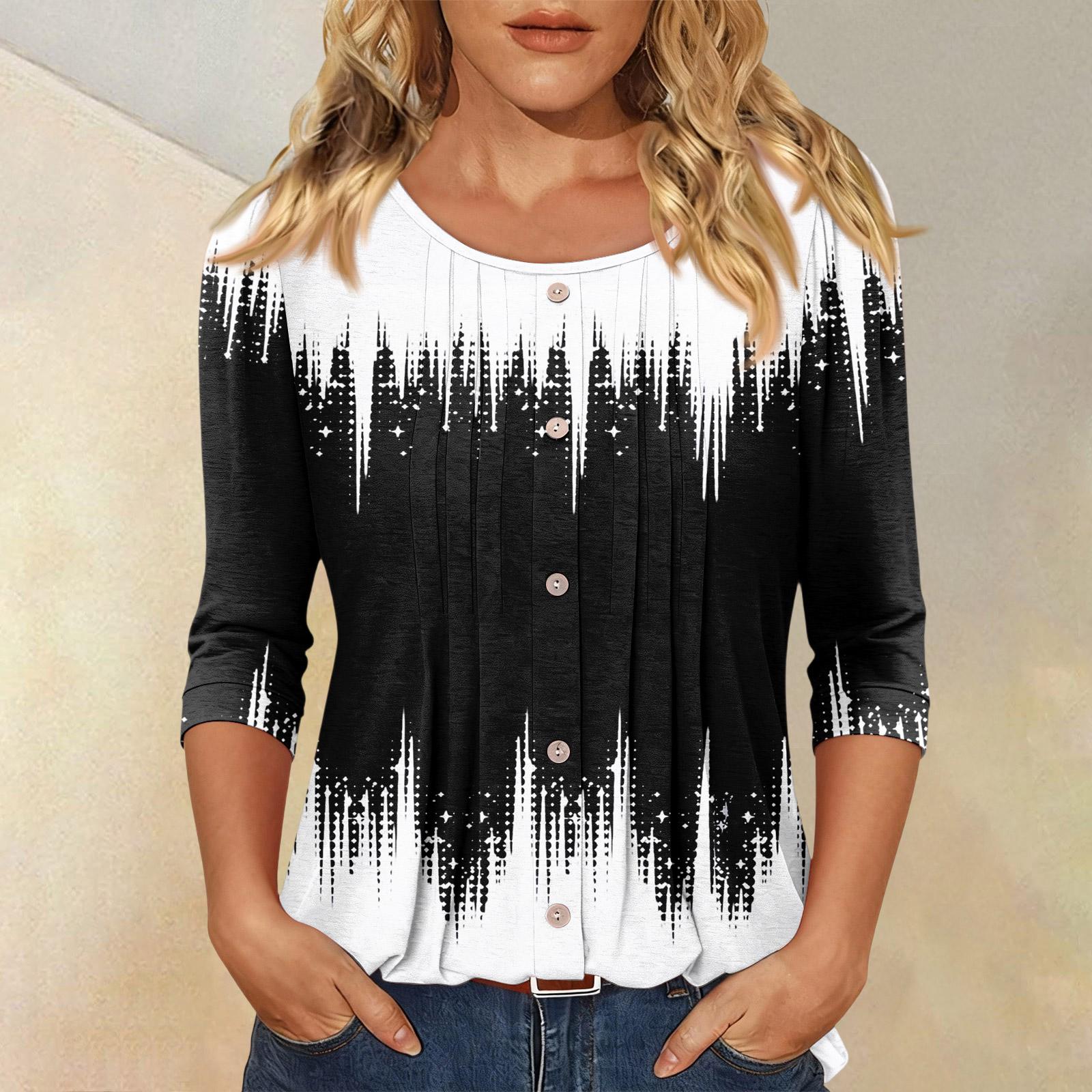 

Women s Fashionable Casual Three-quarter Sleeve Button-down Floral Print Round Neck Top XXL