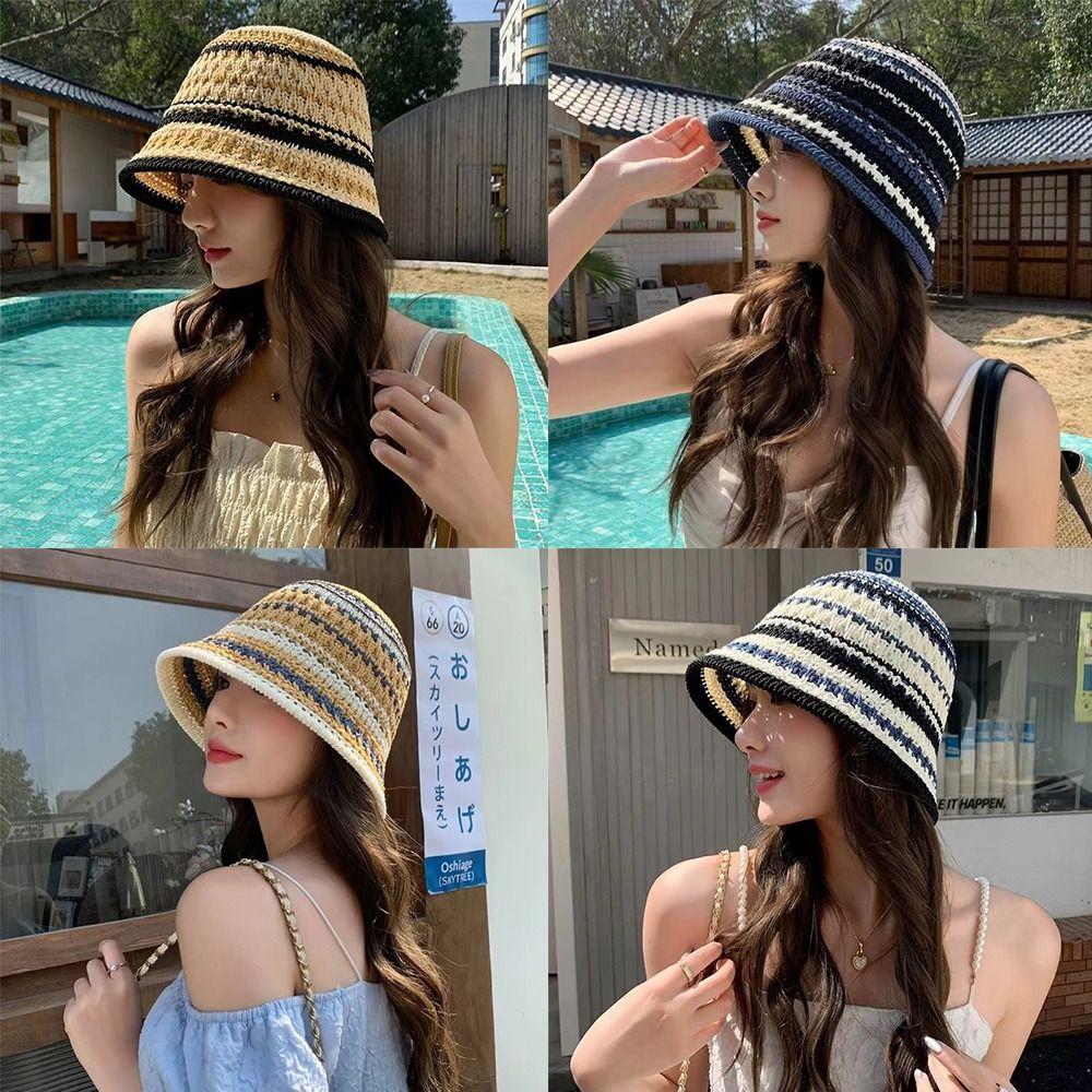 Striped Knitted Hollow Fisherman Hat UV Protection Breathable Straw Bucket Cap Big Eaves Multicolor Thin Sunshade Hat Summer