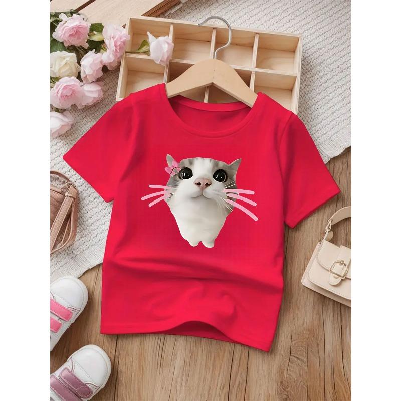 European Sizes Cute Cat Print Round Neck Short Sleeve T-Shirt for Girls - Summer New Arrival Children's Clothing with Cartoon Pattern