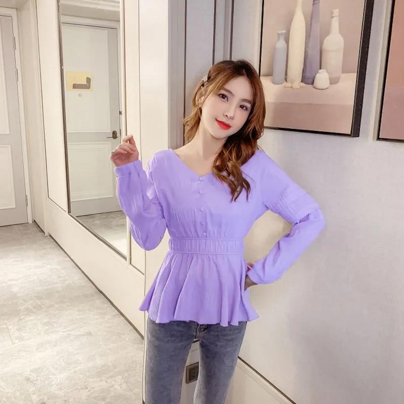 Nipped Waist Ruffled Uzun Kollu Şifon Gömlek Kadın Şifon Bluz Düz Pileli Kloş Kollu Üst Kadın