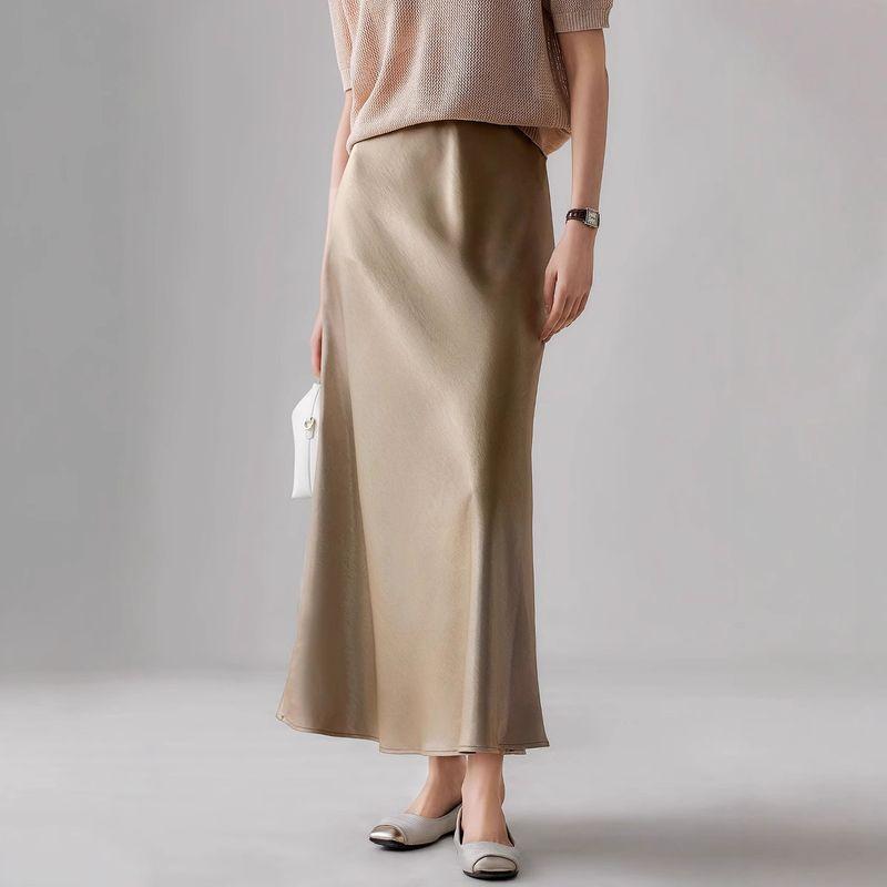 25 Spring and Summer New Vertical and Smooth Silky Glossy Satin Slimming Oblique Cutting A Word Sheath Fishtail Skirt Women
