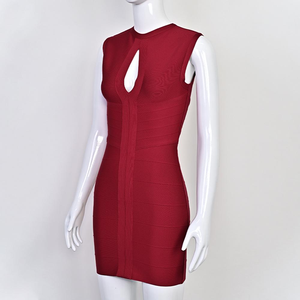 Elegant Sleeveless Burgundy Striped Bandage Dress - Low Cut & Stretchy Women's Fashion