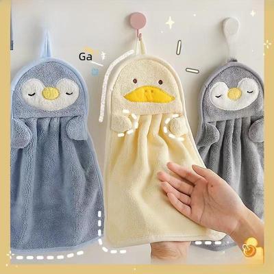Adorable No-Lint Baby Hand Towel with Hanging Rope - Little Yellow Duck & Penguin Design