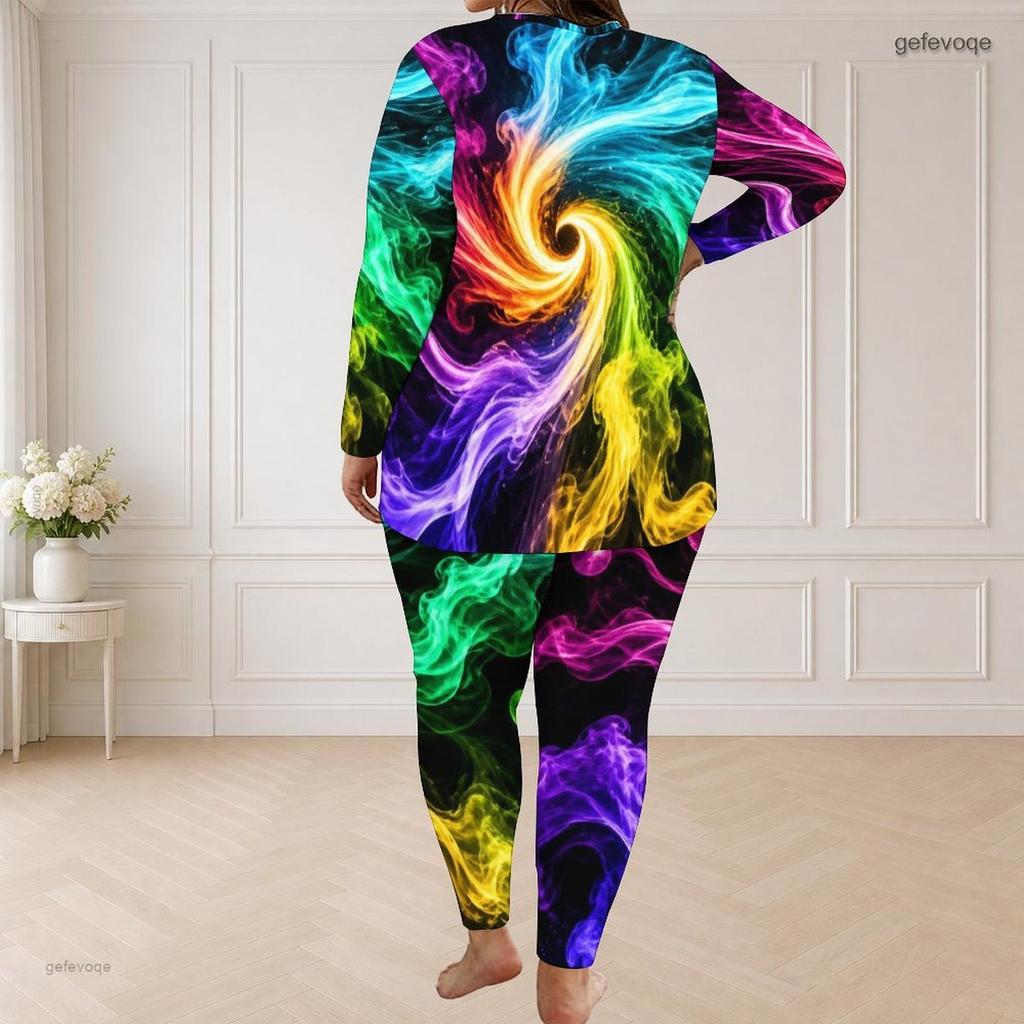 Women Plus Size Round Neck Long Sleeve Printed Longline Top Fitted Pants Two Piece Set
