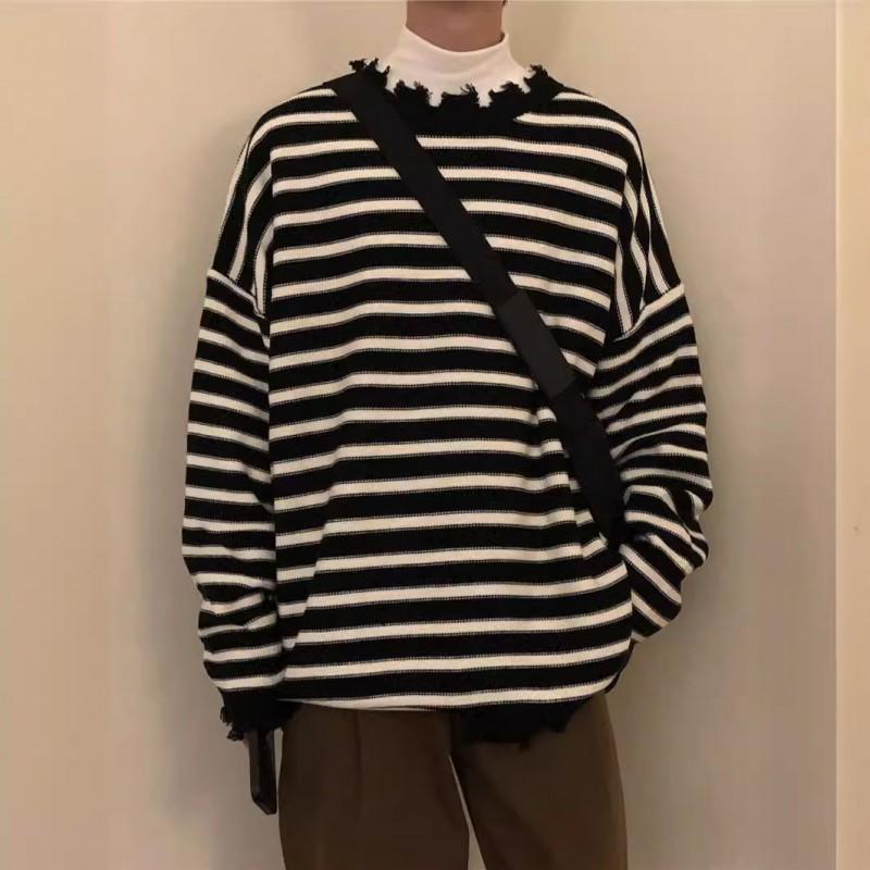 Mens Retro Striped Knit Sweater Loose Fit Casual Long Sleeve Pullover