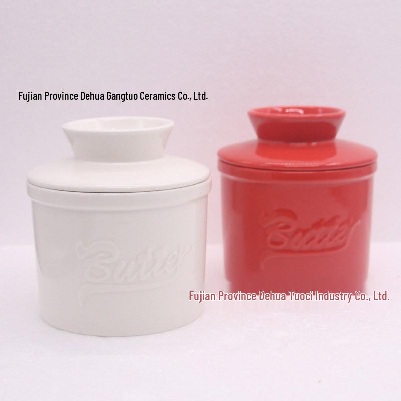 Ceramic Butter Dish with Embossed Logo - Blue Lid Set for Butter, Cheese, and Tallow Storage