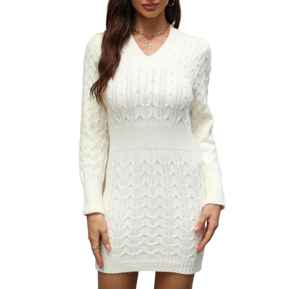 Svetrové šaty s výstřihem do V Elegantní pletené minišaty s výstřihem do V na podzim zimu do kanceláře na večírky Slim fit pouzdrový styl s kroucenou texturou