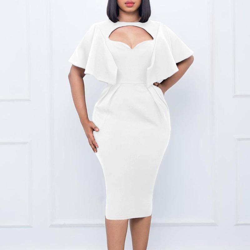 Women Solid High Waist Short Sleeve Pencil Bodycon Office Commute Dress