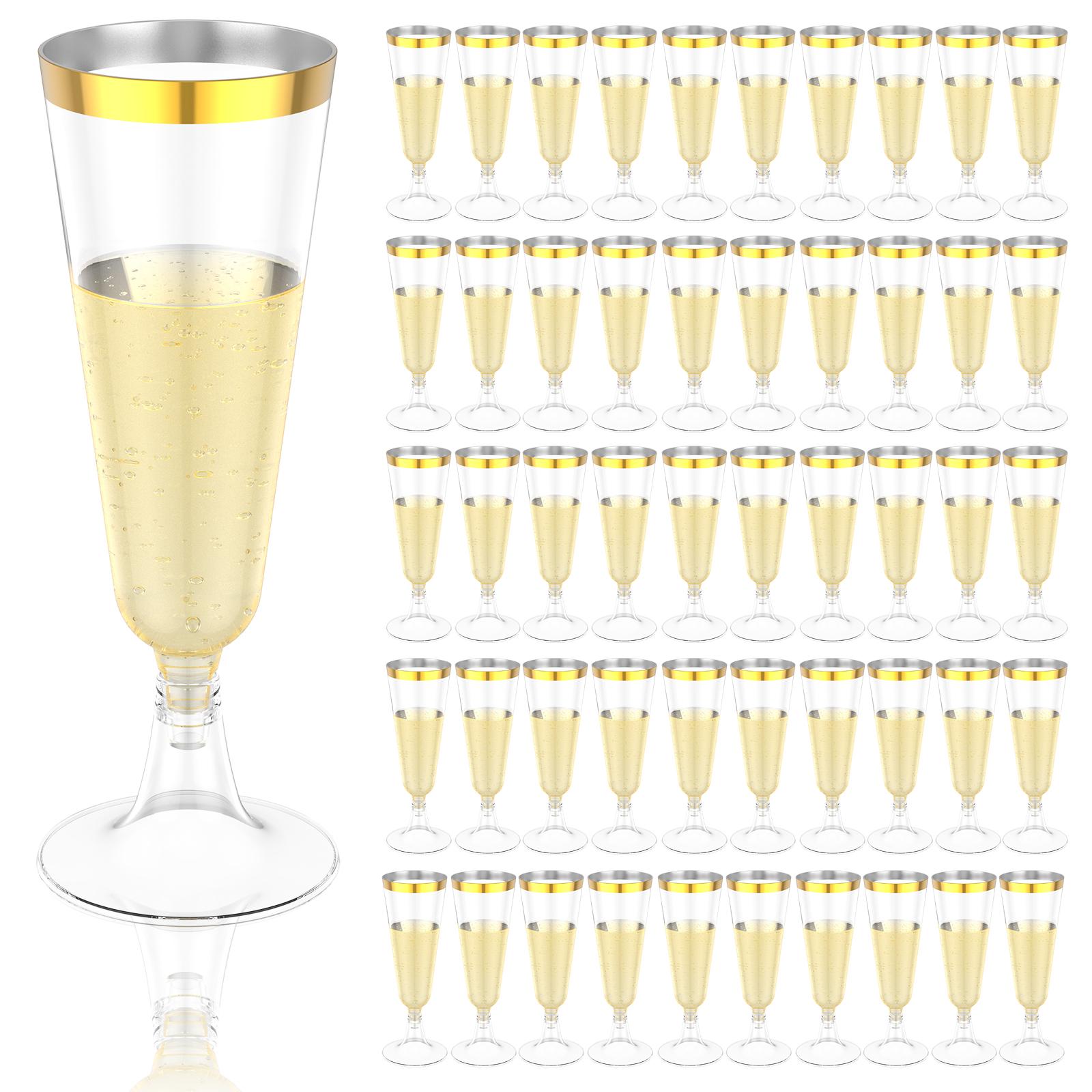 50 Pcs Clear Champagne Flutes 135ml/150ml Plastic Glitter Champagne Glasses Reusable Stemmed Party Wine Cups for Wedding Party