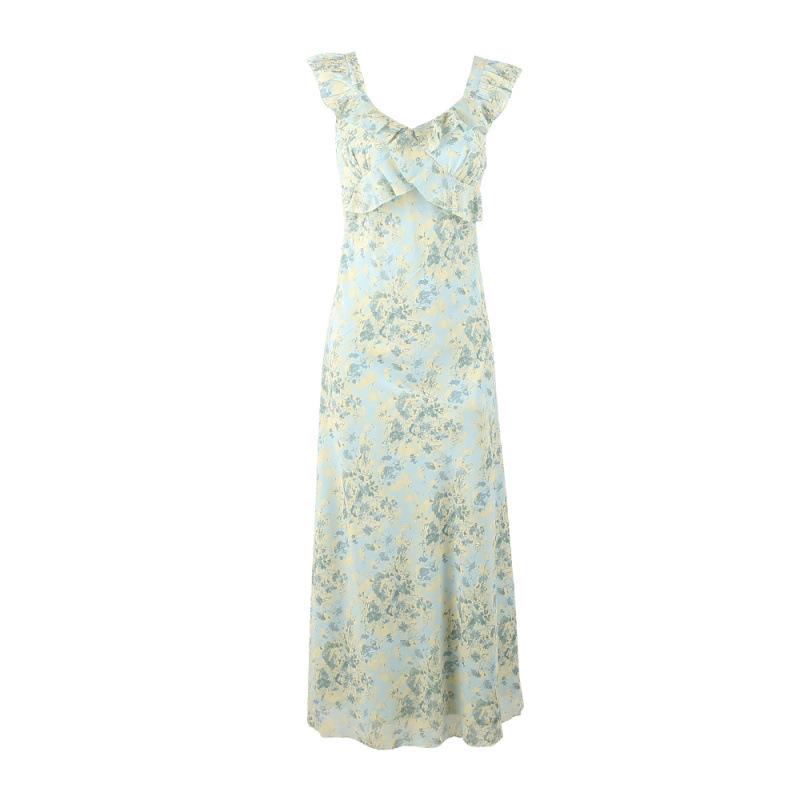 Sweet small flying sleeves floral dress gentle wind dress women's summer niche temperament slim ruffle edge a word long dress