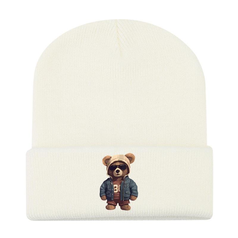 European and American New Autumn and Winter Hats, Women's Bear Printed Knitted Hats, Sleeves, Outdoor Warm Wool Hats, Men