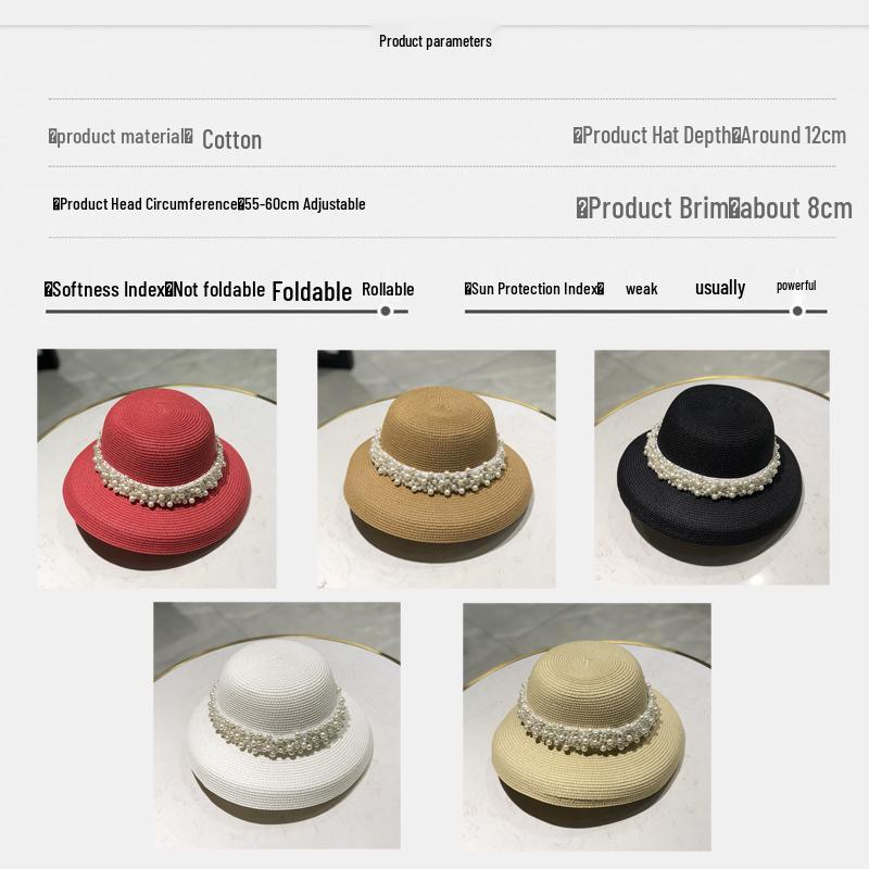Chapeau de soleil rétro Hepburn pour femmes à large bord en paille perlée avec visière noire protégeant le visage pour voyage d'été à la plage