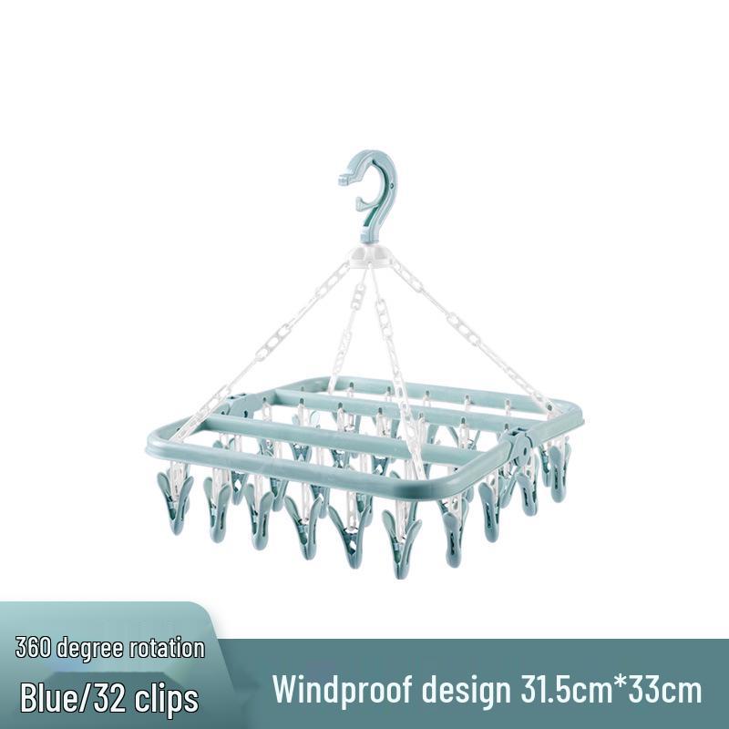 Windproof 32-Clip Plastic Hanger: Multifunctional Clothes & Socks Drying Rack for Adults & Children, Portable and Durable.
