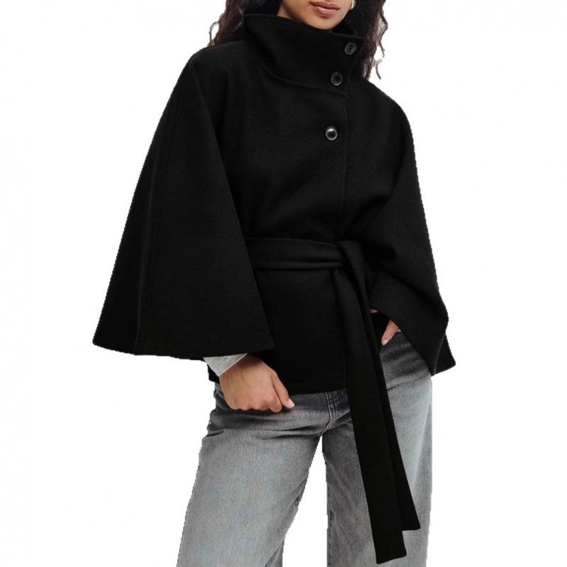 Women's Autumn/Winter Stand-Up Collar Cloak with Button Waist Belt