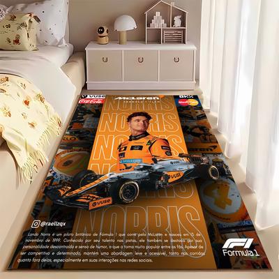 Dywanik do pokoju z motywem wyścigów F1, Plakat z kolażem Lando Norris McLaren 4 pomarańczowy, Dekoracja pokoju fana sportów motorowych, Dywanik antypoślizgowy